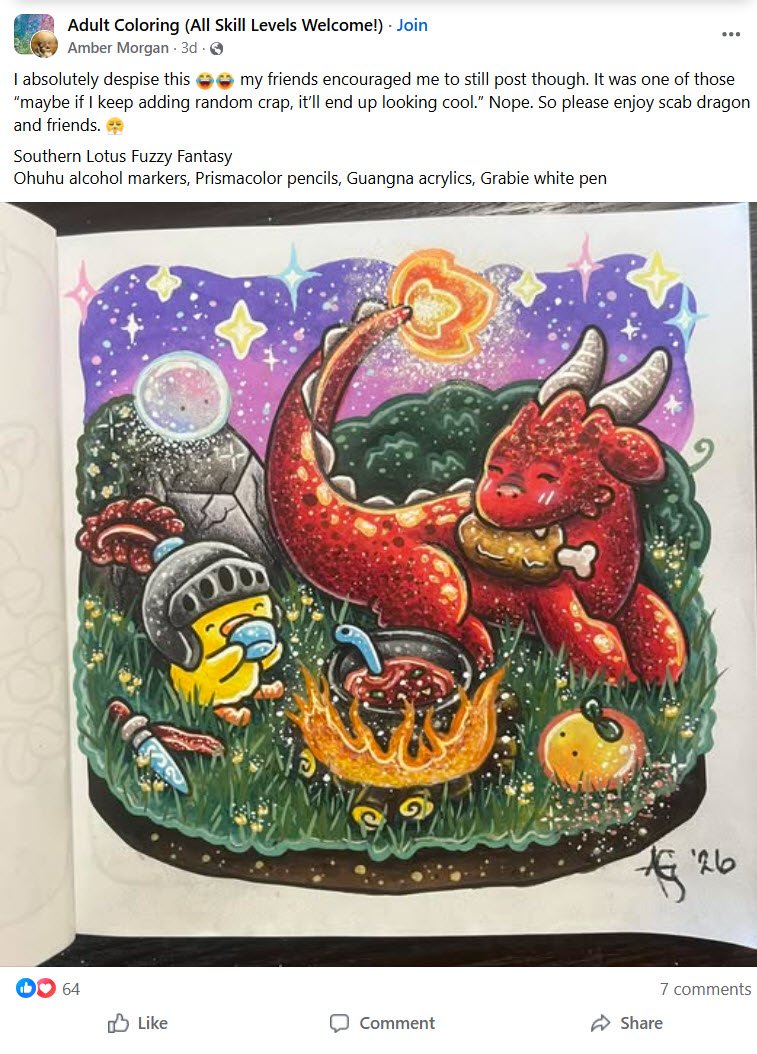 Dragon coloring using mixed media — Ohuhu markers and Prismacolor pencils