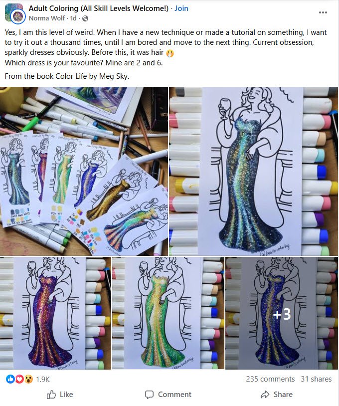 Iridescent sparkle effect on coloring page — adult coloring community