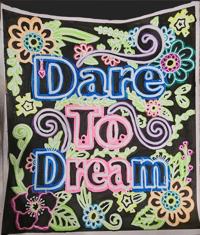 Neon sign effect adult coloring — bright coloured outlines on black paper
