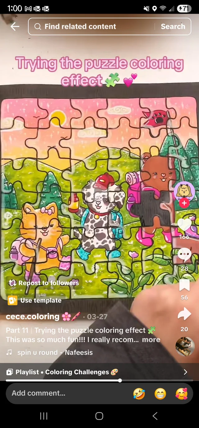 Puzzle coloring effect — jigsaw lines drawn over coloring page