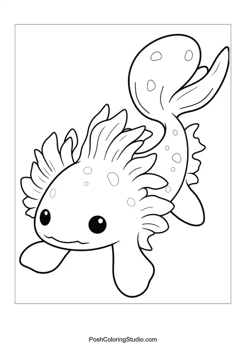 An axolotl with a round body and frilly gills.