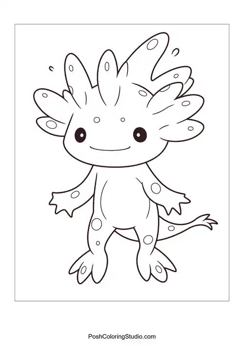 A happy axolotl with a rounded body and fins.