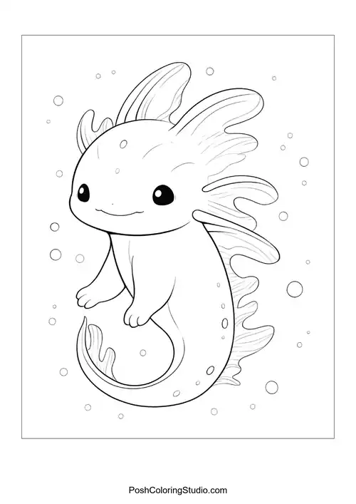 An axolotl swimming with bubbles around it.