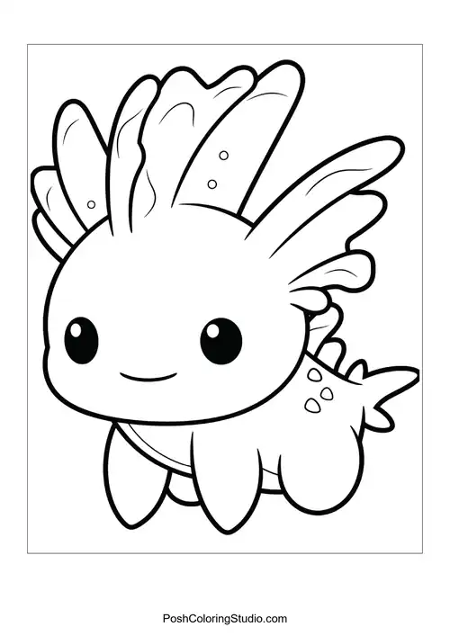 An axolotl with frilly gills and a joyful smile.