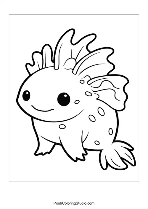 An axolotl with frilly gills and a joyful smile.