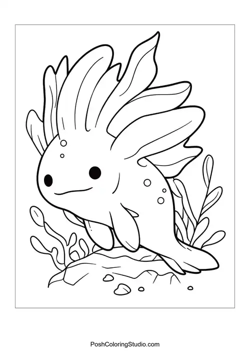 An axolotl swimming with a joyful expression.