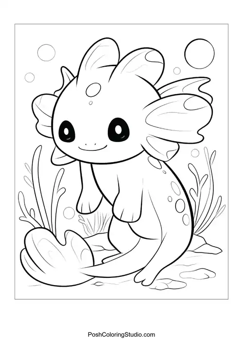 An axolotl swimming with a joyful expression.