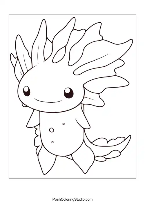 A happy axolotl with a rounded body and fins.