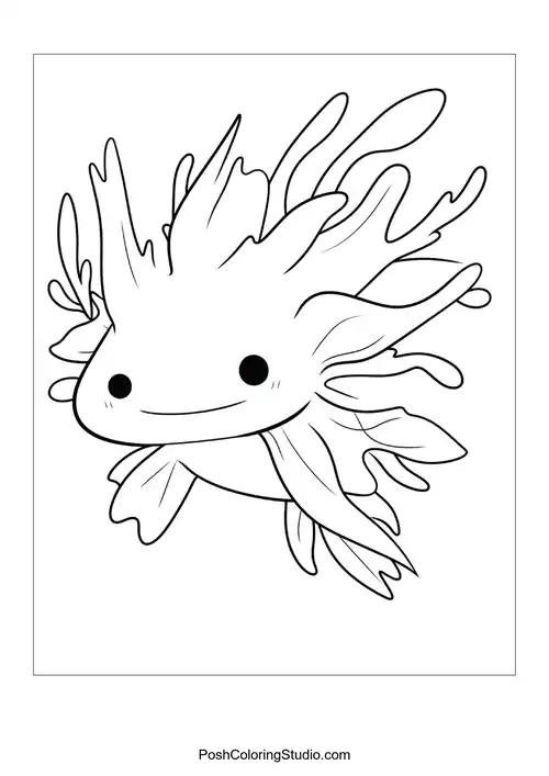 A happy axolotl with a rounded body and fins.