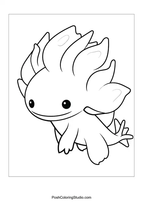 An axolotl with frilly gills and a joyful smile.