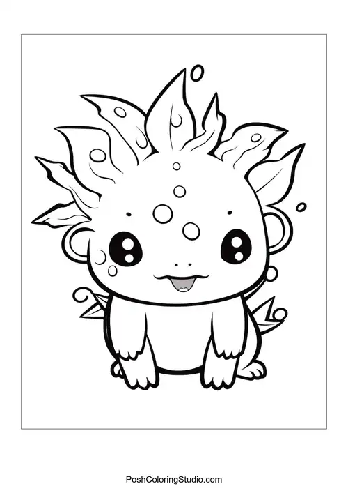 An adorable axolotl with spiky gills and a happy face.