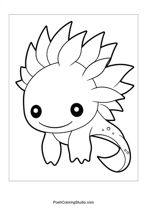 A happy axolotl with a long tail and frilly gills.