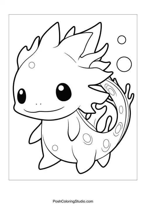 An axolotl swimming with a joyful expression.