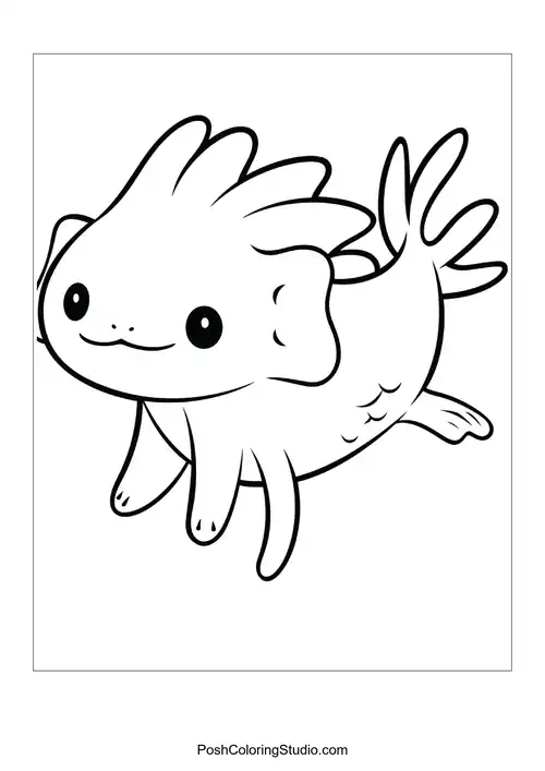 A smiling axolotl with large gills and a round body.