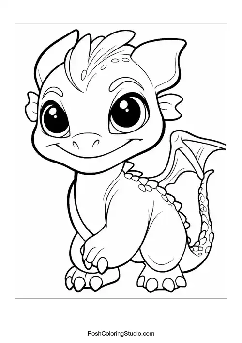 A baby dragon with a cheerful smile and pointed ears.