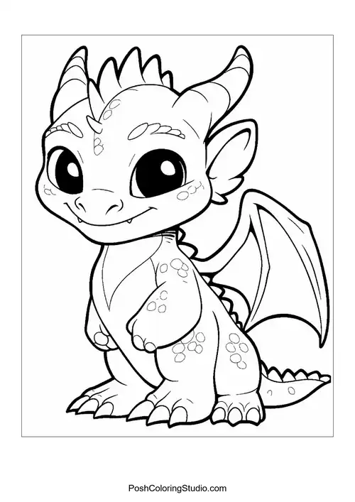 A baby dragon with a playful pose and big eyes.