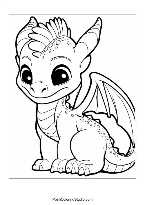 A baby dragon with a friendly grin and large eyes.