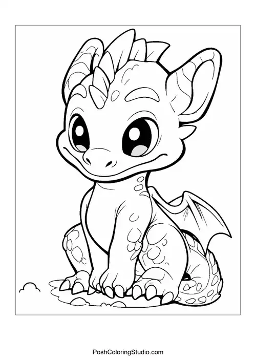 A baby dragon with a cheerful smile and pointed ears.
