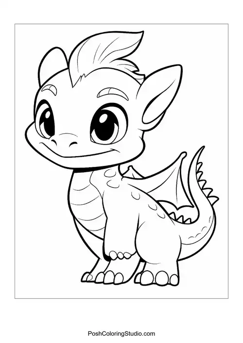 A baby dragon with a cheeky smile and small horns.