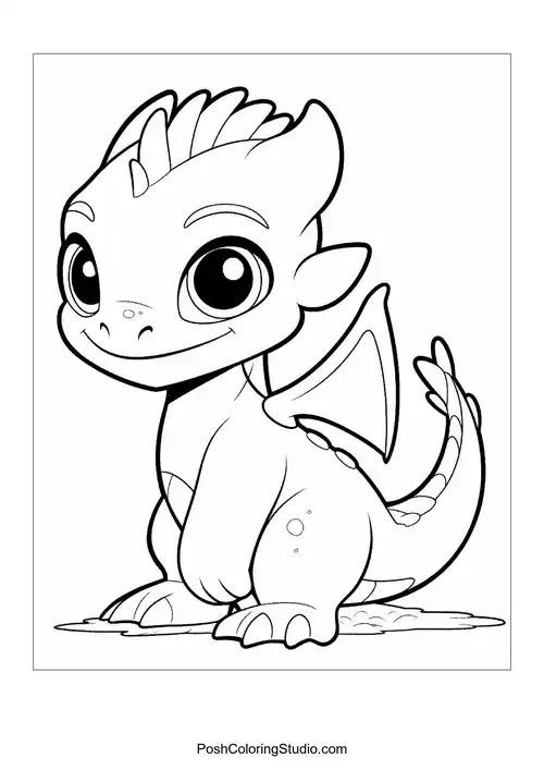 A baby dragon with a playful pose and big eyes.