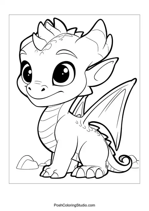 A baby dragon with a friendly grin and large eyes.