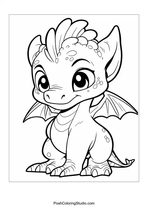 A baby dragon with a cheeky smile and small horns.