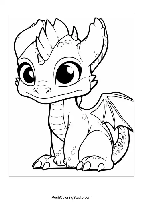 A baby dragon with a friendly grin and large eyes.