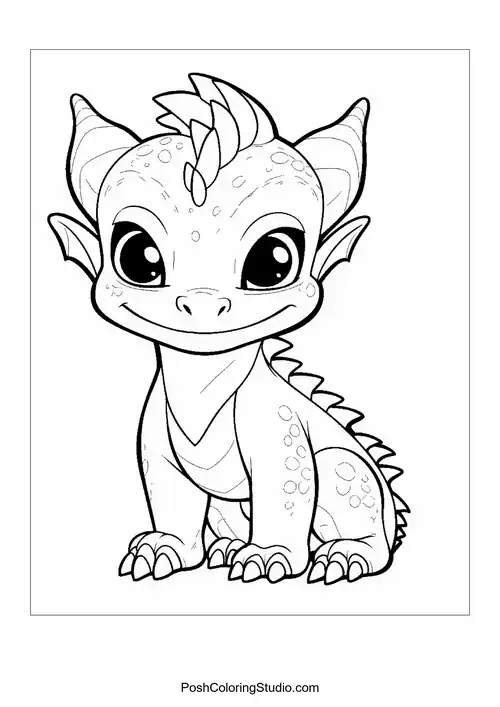 A smiling baby dragon with prominent ears and scales.