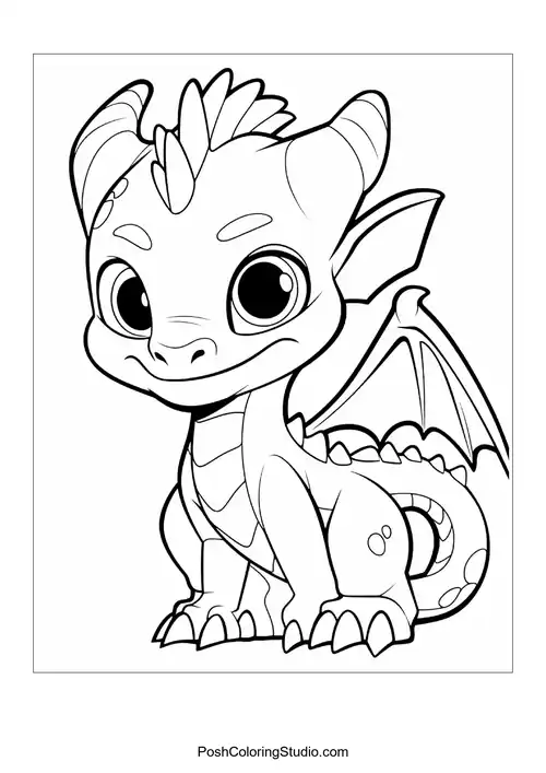 A baby dragon with a cheerful expression and a curled tail.