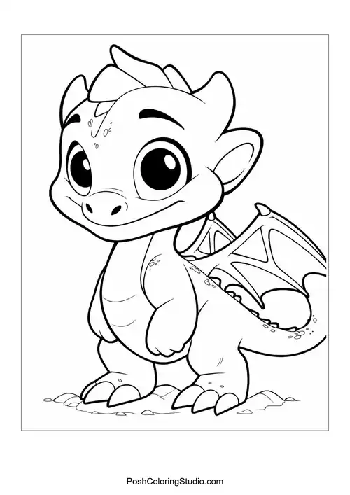 A baby dragon with a playful pose and big eyes.