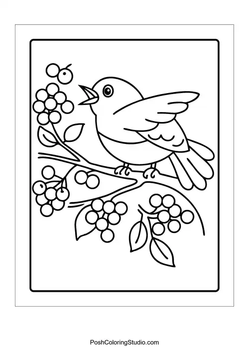 A bird singing on a branch with berries.