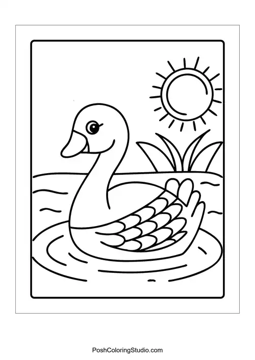 A duck swimming in a pond with a sun above.