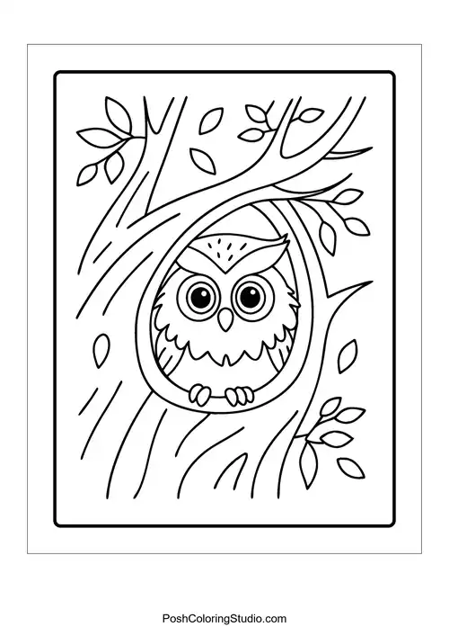 An owl peeking from a tree hollow.