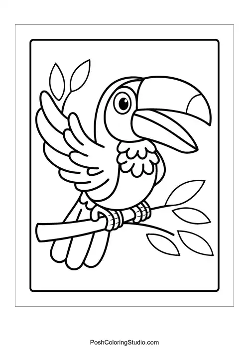 A toucan perched on a branch with leaves.