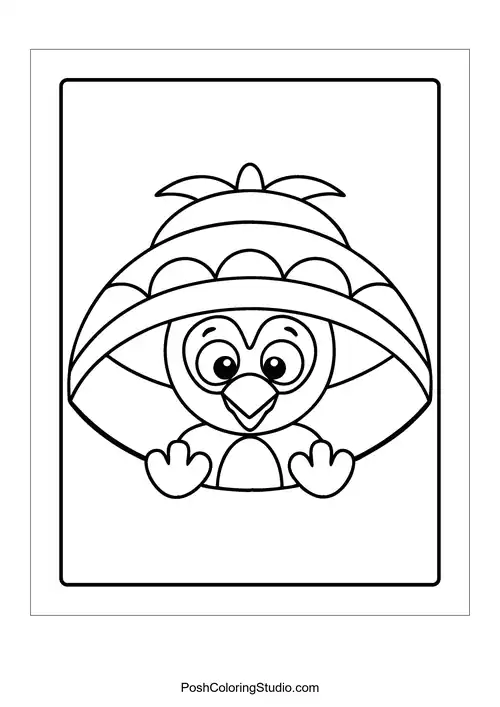 A bird wearing a hat, peeking from under a shell.