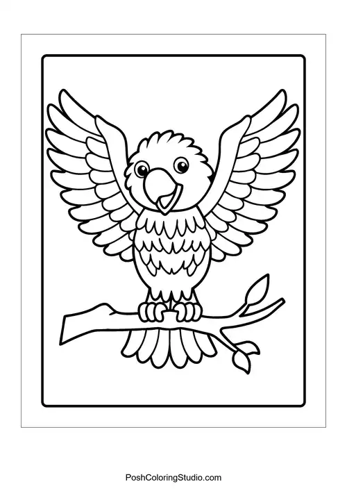A parrot perched on a branch with wings raised.