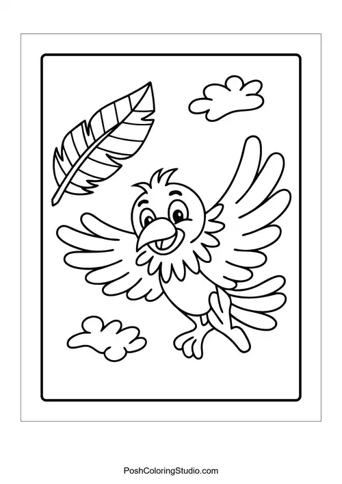 A bird flying with a feather in its beak.