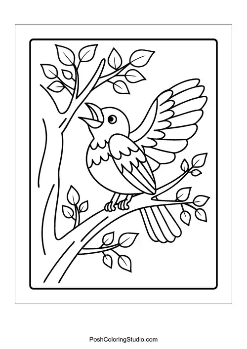 A bird singing on a branch with musical notes.