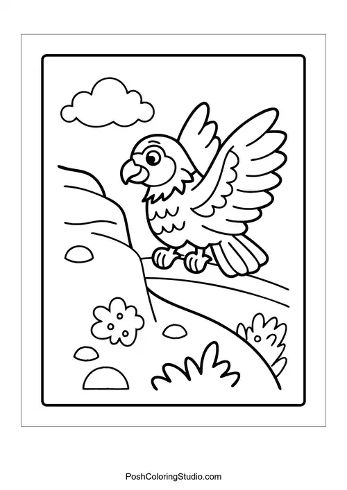 A bird standing on a hill with flowers and clouds.
