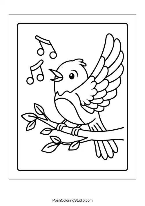 A bird perched on a branch with musical notes.