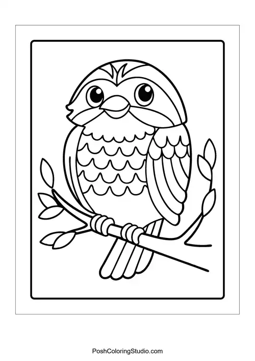 An owl with big eyes sitting on a branch.
