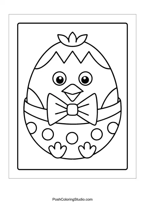 A chick in a decorated egg with a bow tie.