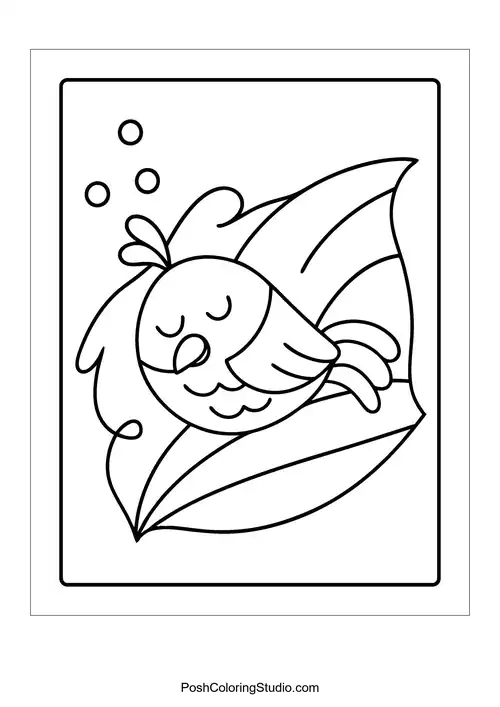 A sleeping bird on a leaf with bubbles around.