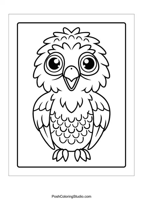 An owl with large eyes and a round body.