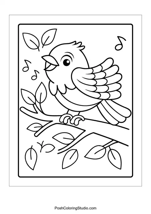 A bird singing on a branch with leaves and notes.