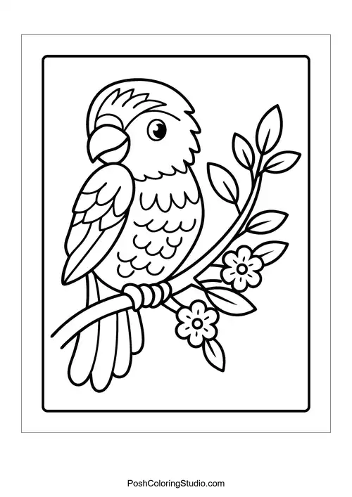 A parrot sitting on a branch with blossoms.