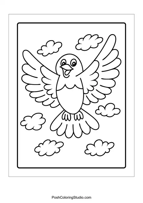 A bird flying among clouds with a joyful expression.