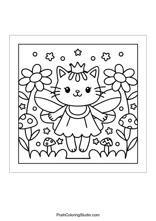 A fairy cat with wings surrounded by flowers.