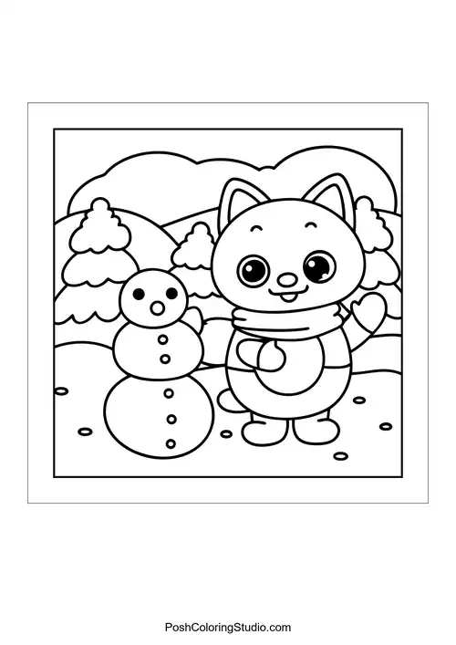 A cat building a snowman in a winter scene.