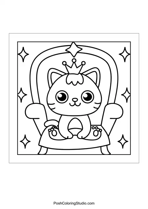 A cat sitting on a royal chair with a crown.